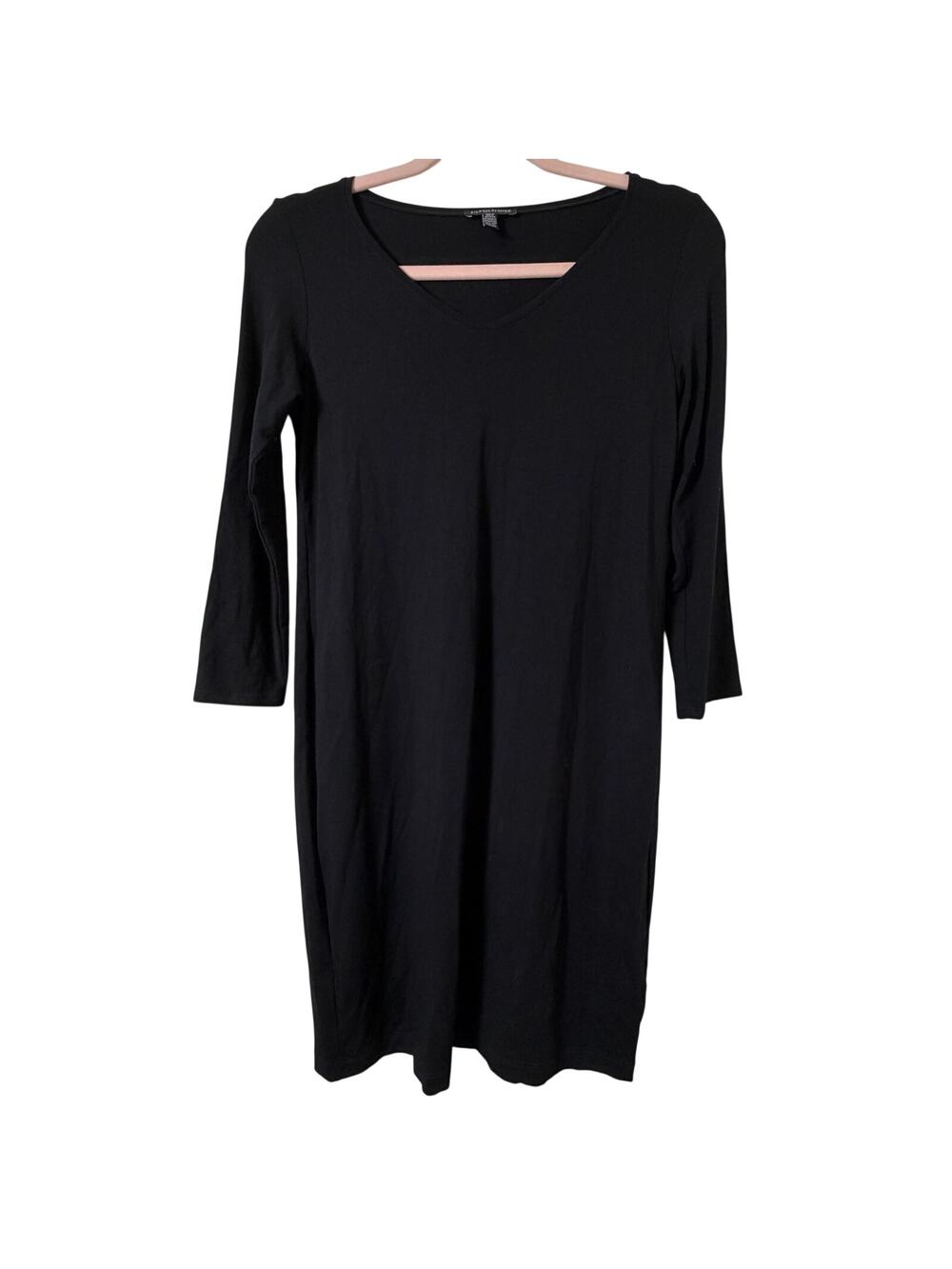 Petite Small Eileen Fisher Black V-Neck Mini Dress Viscose Stretch Quiet Luxury